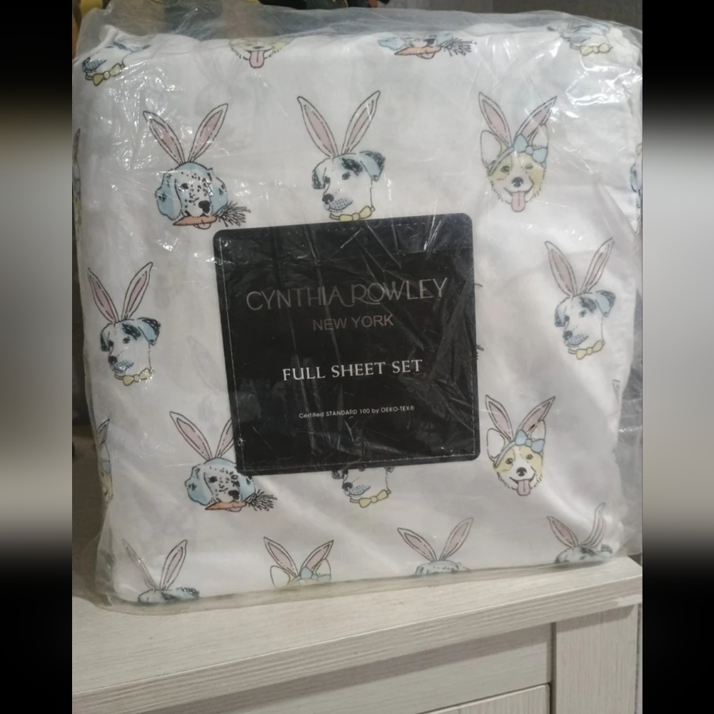 Cynthia Rowley Easter FULL Sheet Set Puppies Dogs Bunny Rabbit Ears NEW